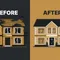 Before and after fix and flip renovation — distressed house on the left, fully renovated home on the right