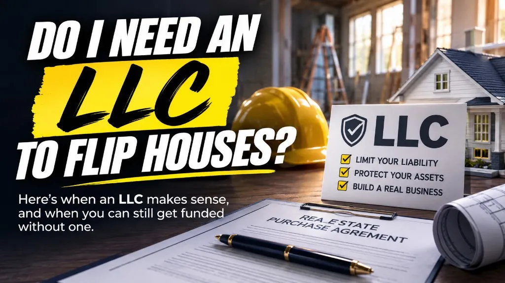 Do I need an LLC to flip houses cover graphic with purchase agreement, hard hat, and LLC checklist on a desk