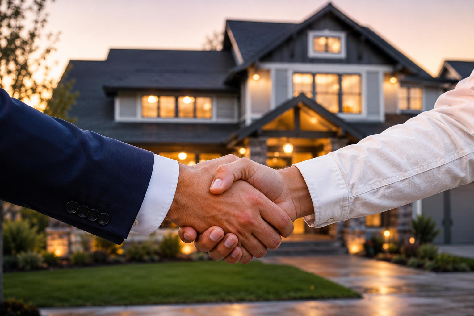 Handshake in front of a finished home at dusk — closing a real estate funding deal
