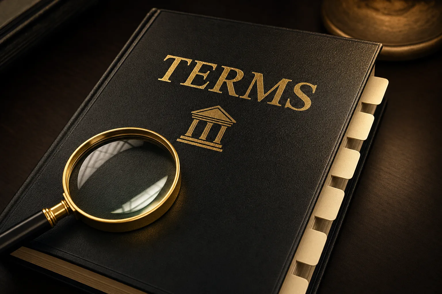 Black hardcover stamped TERMS with a gold magnifying glass — hard money lending glossary