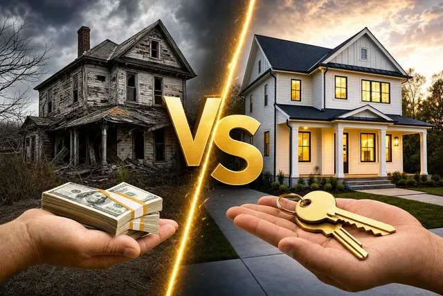 Split VS thumbnail of a distressed house with cash versus a renovated home with keys