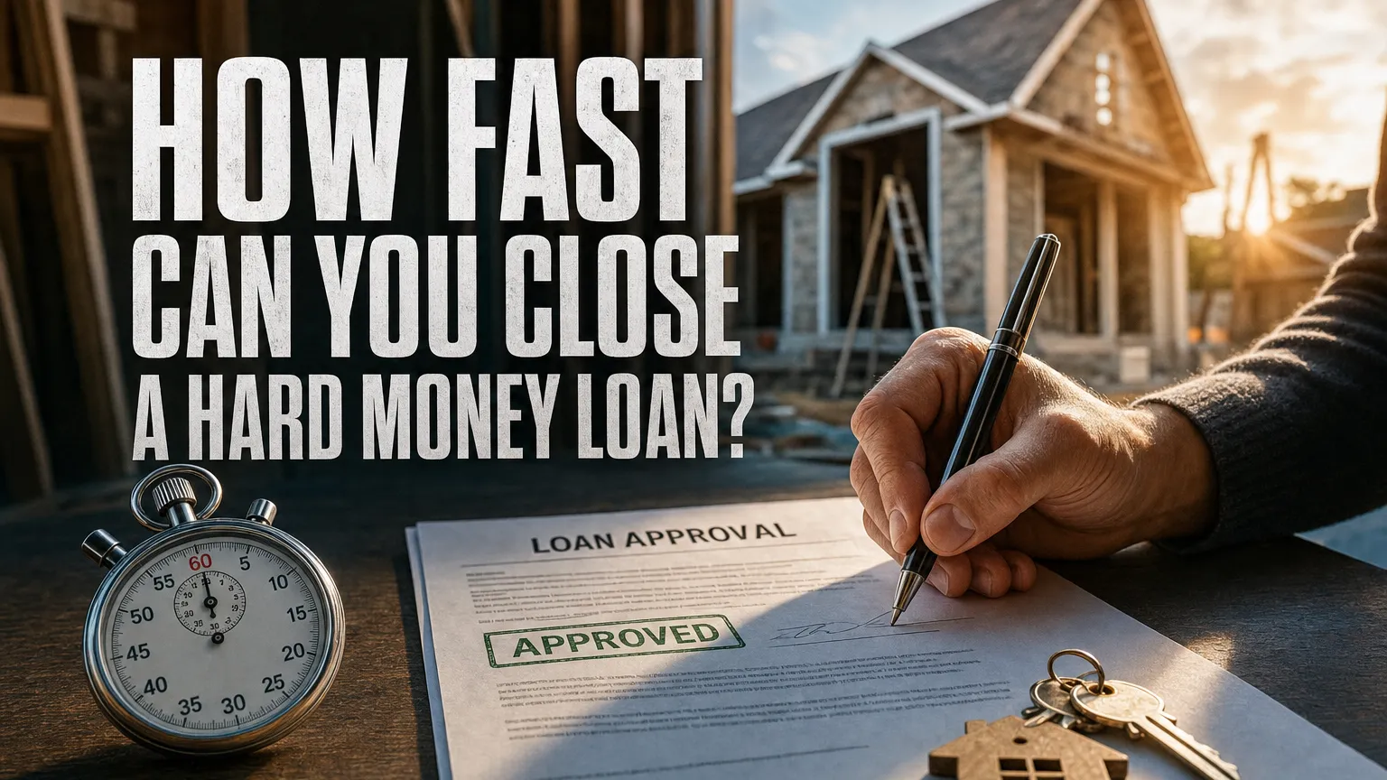 Hand signing a loan approval next to a stopwatch and house keys, with a house under construction in the background