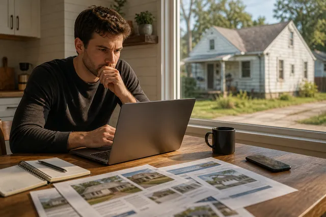 New real estate investor reviewing property numbers on a laptop, representing the path from wholesaling to a first fix and flip