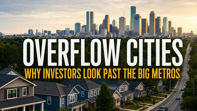 City skyline behind suburban homes with the words Overflow Cities