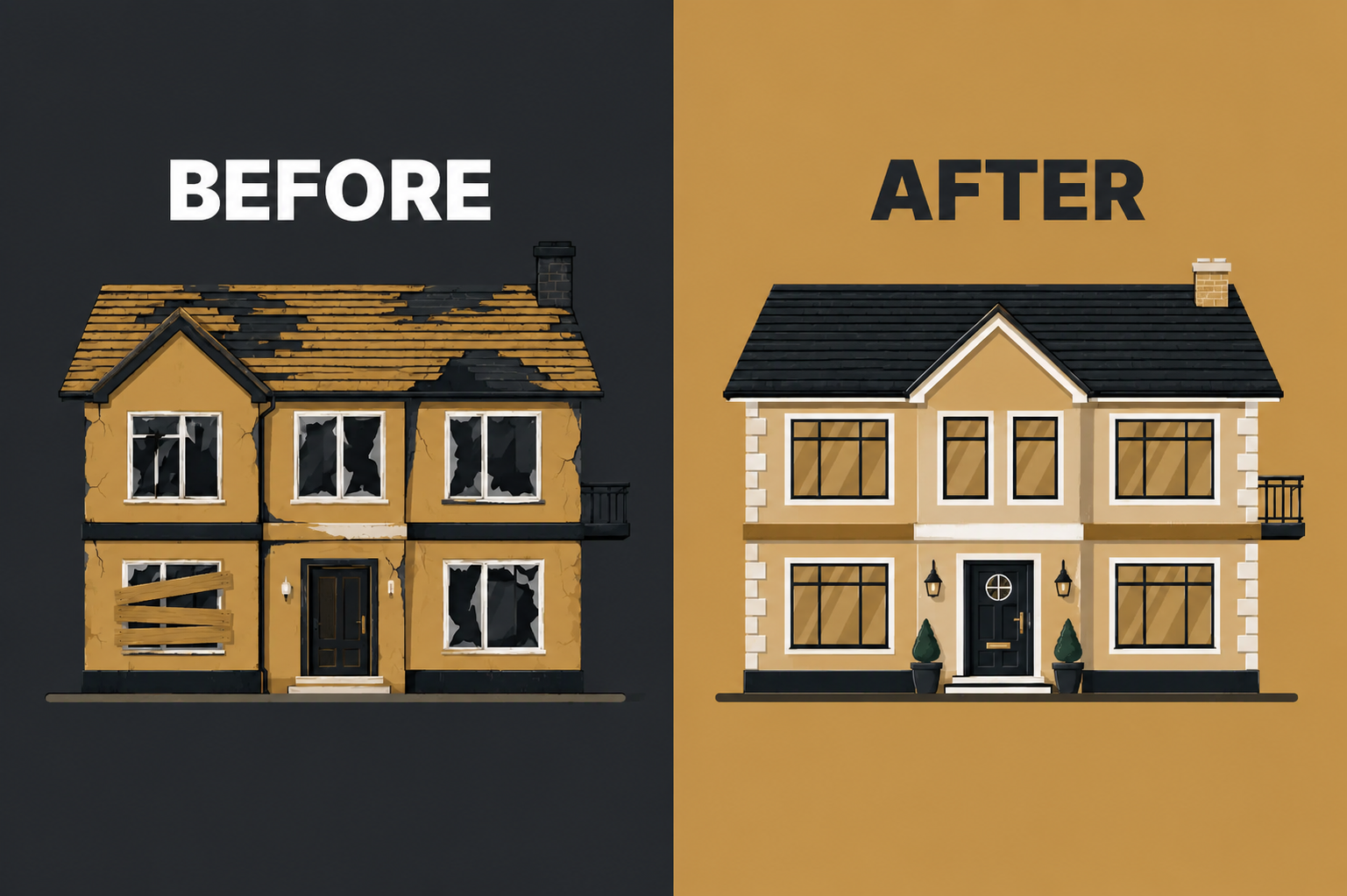 Before and after fix and flip renovation — distressed house on the left, fully renovated home on the right showing after-repair value